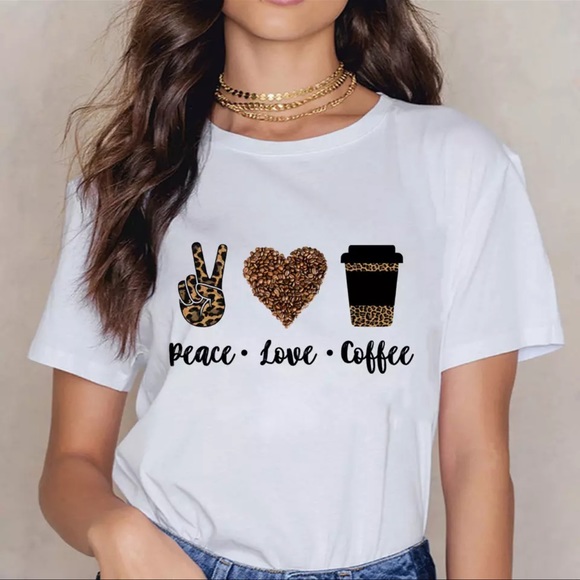 Leopard print PEACE•LOVE•COFFEE Women’s Fashion T-shirt Size S - Picture 7 of 7